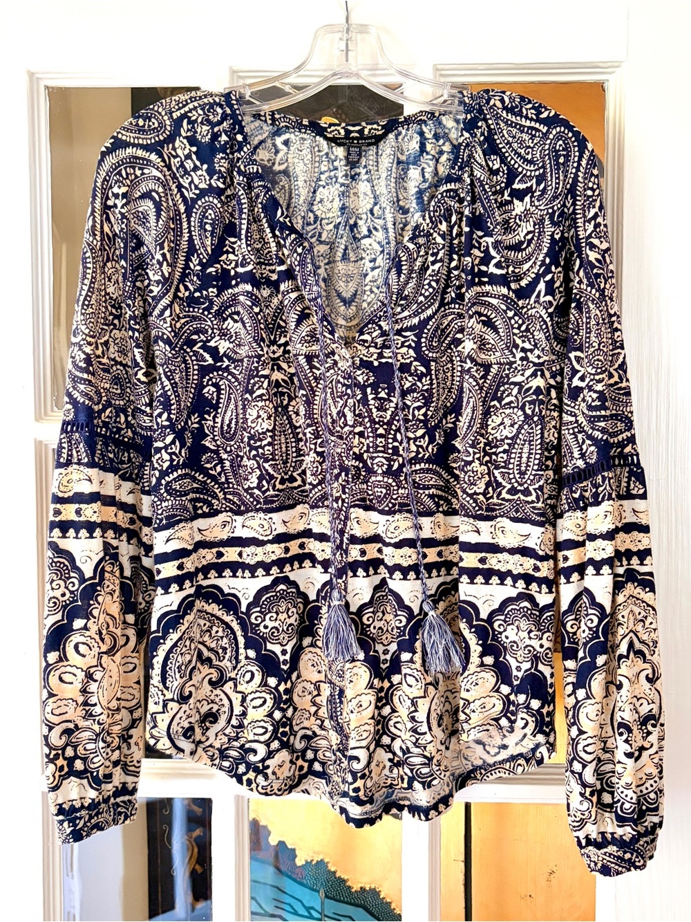 Lucky Brand Blue Beige Paisley Boho Henley Top Womens SZ L Long Sleeve Peasant